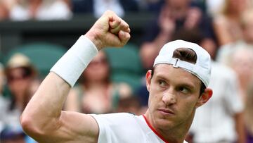 Tennis - Wimbledon - All England Lawn Tennis and Croquet Club, London, Britain - July 8, 2023 Chile's Nicolas Jarry reacts during his third round match against Spain's Carlos Alcaraz REUTERS/Toby Melville