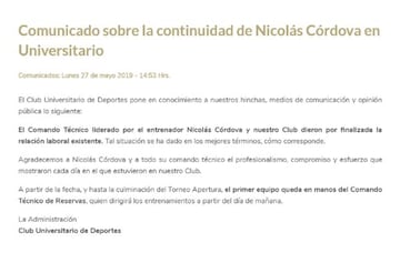 Nicolás Córdova deja de ser entrenador de Universitario