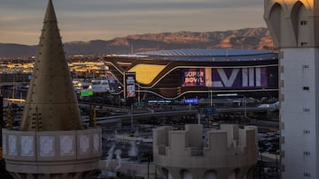 The rising sun illuminates the Allegiant Stadium, where Super Bowl LVIII will take place, in Las Vegas, Nevada, U.S.