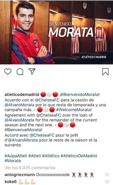 Morata presume de su paso por la cantera atlética y Griezmann y Koke le dan la bienvenida