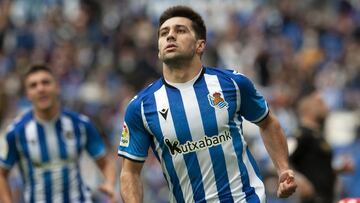 Alkain celebra un gol con la Real Sociedad B en LaLiga SmartBank contra el Alcorcón.