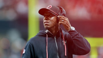 ATLANTA, GEORGIA - SEPTEMBER 22: Head coach Raheem Morris of the Atlanta Falcons looks on during the fourth quarter against the Kansas City Chiefs at Mercedes-Benz Stadium on September 22, 2024 in Atlanta, Georgia. Kevin C. Cox/Getty Images/AFP (Photo by Kevin C. Cox / GETTY IMAGES NORTH AMERICA / Getty Images via AFP)