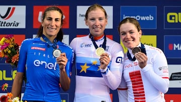 Lorena Wiebes (C), Elisa Balsamo (I) y Daria Pikulik (D) en el pódium de los Europeos.