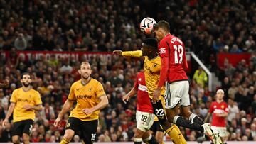 Soccer Football - Premier League - Manchester United v Wolverhampton Wanderers - Old Trafford, Manchester, Britain - August 14, 2023 Manchester United's Raphael Varane scores their first goal REUTERS/Dylan Martinez EDITORIAL USE ONLY. No use with unauthorized audio, video, data, fixture lists, club/league logos or 'live' services. Online in-match use limited to 75 images, no video emulation. No use in betting, games or single club /league/player publications. Please contact your account representative for further details.