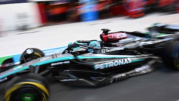 Mercedes' British driver George Russell races out of pit lane during the qualifying session for the 2024 Miami Formula One Grand Prix at Miami International Autodrome in Miami Gardens, Florida, on May 4, 2024. (Photo by Giorgio Viera / POOL / AFP)