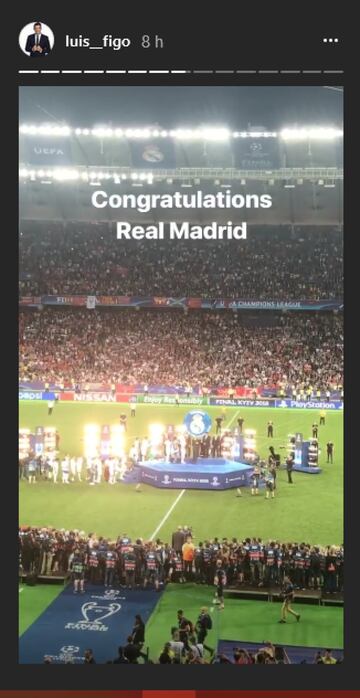 Luis Figo felicit¨® al Real Madrid desde el estadio de Kiev, grabando todos los momentos importantes del partido.