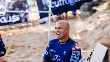 OʻAHU, HAWAII - FEBRUARY 8: Eleven-time WSL Champion Kelly Slater of the United States prior to surfing in Heat 3 of the Quarterfinals at the Lexus Pipe Pro on February 8, 2025, at Oʻahu, Hawaii. (Photo by Brent Bielmann/World Surf League)