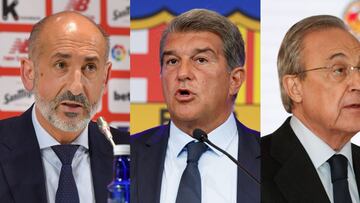El presidente del Athletic Club, Aitor Elizegi; el del FC Barcelona, Joan Laporta; y el del Real Madrid, Florentino Pérez
