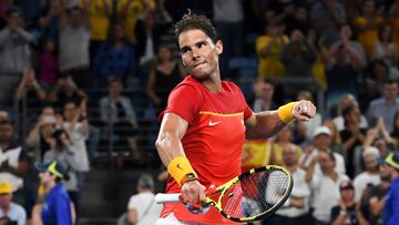 Rafael Nadal of Spain celebrates after winning his men's singles match against Alex de Minaur of Australia at the ATP Cup tennis tournament in Sydney on January 11, 2020. (Photo by William WEST / AFP) / --IMAGE RESTRICTED TO EDITORIAL USE - NO COMMERCIAL USE--