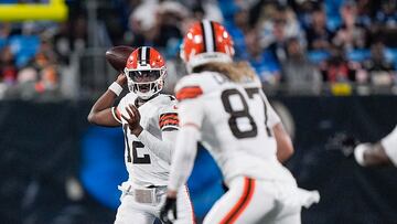 Aug 8, 2025; Charlotte, North Carolina, USA; Cleveland Browns quarterback Shedeur Sanders (12) throws to tight end Sal Cannella (87) during the second half against the Carolina Panther at Bank of America Stadium. Mandatory Credit: Jim Dedmon-Imagn Images