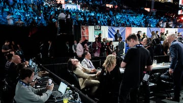 Basketball player Jaime Jaquez Jr. (C) waits for his name to be called during the 2023 NBA Draft, in the Brooklyn borough of New York, New York,