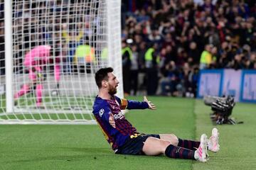 Messi celebrates after scoring Barcelona's third goal against Liverpool on Wednesday.