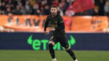 MONACO, MONACO - FEBRUARY 11: Sergio Ramos of PSG during the Ligue 1 match between AS Monaco and Paris Saint-Germain at Stade Louis II on February 11, 2023 in Monaco, Monaco. (Photo by Jonathan Moscrop/Getty Images)