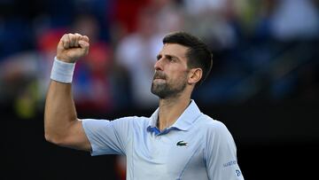 Novak Djokovic of Serbia celebrates winning his match.