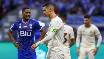 Nassr's Portuguese forward Cristiano Ronaldo (C) reacts during the Saudi Pro League football match between Al-Hilal and Al-Nassr at the Prince Faisal Bin Fahd stadium in the capital Riyadh on April 18, 2023. (Photo by Fayez NURELDINE / AFP) (Photo by FAYEZ NURELDINE/AFP via Getty Images)