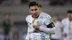 Argentina&#039;s Lionel Messi celebrates scoring the opening goal against Bolivia during a qualifying soccer match for the FIFA World Cup Qatar 2022, in Buenos Aires, Argentina, Thursday, Sept. 9, 2021. (Juan Roncoroni/Pool via AP)