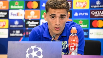 Barcelona's Spanish midfielder Pablo Gavi speaks during a press conference on the eve of the UEFA Champions League quarter final first leg football match between Barcelona and Borussia Dortmund at the Joan Gamper training ground in Sant Joan Despi, near Barcelona, on April 8, 2025. (Photo by Josep LAGO / AFP)