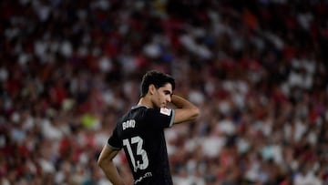 Sevilla's Moroccan goalkeeper #13 Yassine Bounou "Bono" reacts during the Spanish Liga football match between Sevilla FC and Valencia CF at the Ramon Sanchez Pizjuan stadium in Seville on August 11, 2023. (Photo by CRISTINA QUICLER / AFP)