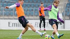 MADRID, SPAIN - FEBRUARY 23: Toni Kroos and Luka Modric players of Real Madrid are training at Valdebebas training ground on February 23, 2023 in Madrid, Spain. (Photo by Antonio Villalba/Real Madrid via Getty Images)