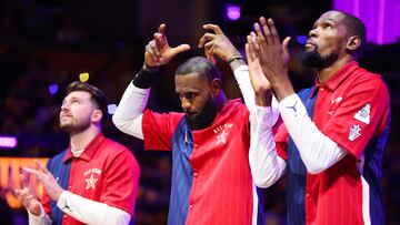 INDIANAPOLIS, INDIANA - FEBRUARY 18: LeBron James #23 of the Los Angeles Lakers and Western Conference All-Stars reacts prior to the start of the 2024 NBA All-Star Game at Gainbridge Fieldhouse on February 18, 2024 in Indianapolis, Indiana. NOTE TO USER: User expressly acknowledges and agrees that, by downloading and or using this photograph, User is consenting to the terms and conditions of the Getty Images License Agreement. Stacy Revere/Getty Images/AFP (Photo by Stacy Revere / GETTY IMAGES NORTH AMERICA / Getty Images via AFP)