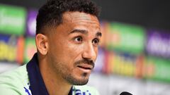 Brazil's defender Danilo addresses a press conference following a training session at the RCDE Stadium in Cornella de Llobregat on June 16, 2023, on the eve of of the friendly football match between Brazil and Guinea. (Photo by Pau BARRENA / AFP)