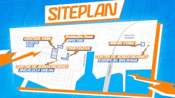 Mapa con el Central Park, Andaluc&iacute;a Zone, Foodtrucks, Centro de acreditaciones y Urban Stage en el Cable Ingl&eacute;s de Almer&iacute;a para el Andaluc&iacute;a Urban.