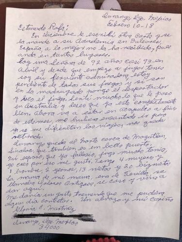 Emotiva carta de una bisabuela de 92 años a Rafa Nadal