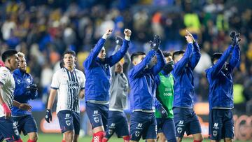 Monterey's players celebrate after the end of the game against Tigres during the Mexican Clausura 2023 tournament football, in Universitario stadium in Monterrey, Mexico, March 18, 2023. (Photo by Julio Cesar AGUILAR / AFP)