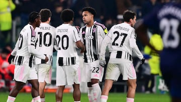 Juventus' US midfielder #22 Weston McKennie celebrates scoring his team's first goal during the UEFA Champions League - league phase day 6 football match between Juventus and Pafos FC at the Allianz stadium in Turin, on December 10, 2025. (Photo by Marco BERTORELLO / AFP)