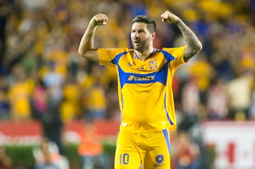 Tigres forward Andre-Pierre Gignac celebrates after scoring during the Liga MX Apertura tournament football match between Tigres UANL and Guadalajara at Universitario (UANL) stadium in San Nicolas de los Garza, Nuevo Leon state, Mexico on August 24, 2024. (Photo by Julio Cesar AGUILAR / AFP)