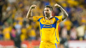Tigres forward Andre-Pierre Gignac celebrates after scoring during the Liga MX Apertura tournament football match between Tigres UANL and Guadalajara at Universitario (UANL) stadium in San Nicolas de los Garza, Nuevo Leon state, Mexico on August 24, 2024. (Photo by Julio Cesar AGUILAR / AFP)