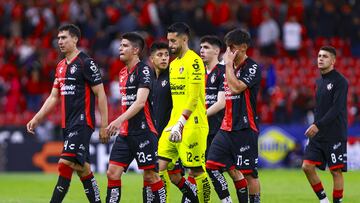 Adrian Mora, Carlos Emilio Orrantia, Camilo Vargas of Atlas during the 9th round match between Atlas and Necaxa as part of the Liga BBVA MX, Torneo Clausura 2025 at Jalisco Stadium, on February 18, 2025 in Guadalajara, Jalisco, Mexico.