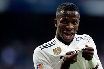 Vinicius celebrates after his ball into the box was turned into his own net by Valladolid's Kiko Olivas.