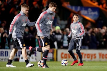 Soccer Football - FA Cup Fourth Round - Yeovil Town vs Manchester United - Huish Park, Yeovil, Britain - January 26, 2018   Manchester United's Alexis Sanchez and Luke Shaw during the warm up before the match    Action Images via Reuters/Paul Childs