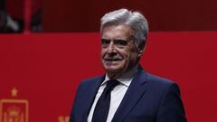 Spanish football federation (RFEF) acting president Pedro Rocha looks on following a press conference of new coach of Spain's female football team Montse Tome (not seen) at the Ciudad del Futbol training facilities in Las Rozas de Madrid on September 18, 2023. Spain won the Women's World Cup in August but the four weeks since have been filled with controversy and turmoil after former president Luis Rubiales forcibly kissed midfielder Jenni Hermoso. (Photo by Thomas COEX / AFP)