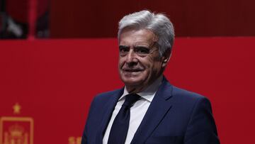 Spanish football federation (RFEF) acting president Pedro Rocha looks on following a press conference of new coach of Spain's female football team Montse Tome (not seen) at the Ciudad del Futbol training facilities in Las Rozas de Madrid on September 18, 2023. Spain won the Women's World Cup in August but the four weeks since have been filled with controversy and turmoil after former president Luis Rubiales forcibly kissed midfielder Jenni Hermoso. (Photo by Thomas COEX / AFP)