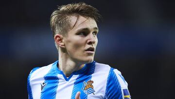 SAN SEBASTIAN, SPAIN - FEBRUARY 13: Martin Odegaard of Real Sociedad reacts during the Copa del Rey Semi-Final 1st Leg match between Real Sociedad and Mirandes at Estadio Anoeta on February 13, 2020 in San Sebastian, Spain. (Photo by Juan Manuel Serrano A