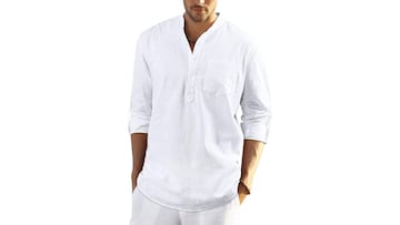 Camisa de lino para hombre de manga larga disponible en Amazon.