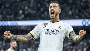 Joselu celebra un gol con el Real Madrid.