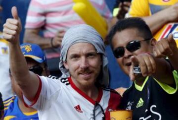 Mexico's Tigres and  Argentina's River Plate fans cheer before their Copa Libertadores final soccer match at the Universitario stadium in Monterrey, Mexico July 29, 2015. REUTERS/Henry Romero