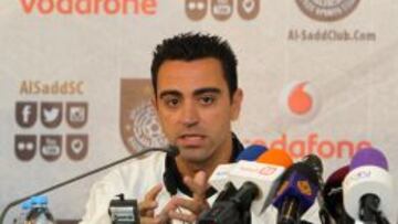 Xavi, durante su presentaci&oacute;n con el Al Sadd.