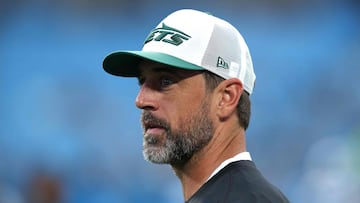 CHARLOTTE, NORTH CAROLINA - AUGUST 17: Aaron Rodgers #8 of the New York Jets looks on before their preseason game against the Carolina Panthers at Bank of America Stadium on August 17, 2024 in Charlotte, North Carolina. Grant Halverson/Getty Images/AFP (Photo by GRANT HALVERSON / GETTY IMAGES NORTH AMERICA / Getty Images via AFP)
