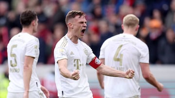 FREIBURG IM BREISGAU, GERMANY - APRIL 08: Joshua Kimmich of Bayern Munich celebrates following their sides victory after the Bundesliga match between Sport-Club Freiburg and FC Bayern München at Europa-Park Stadion on April 08, 2023 in Freiburg im Breisgau, Germany. (Photo by Alex Grimm/Getty Images)