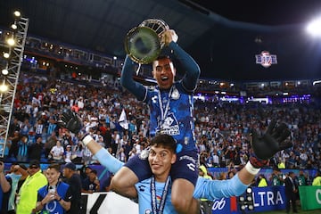 Jose Eulogio and Erick Sanchez of Pachuca during the final leg match between Pachuca and Columbus Crew as part of the CONCACAF Champions Cup 2024, at Hidalgo Stadium on June 01, 2024 in Pachuca, Hidalgo, Mexico.