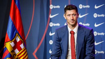 FC Barcelona's new poland striker Robert Lewandowski during his presentation ceremony at the Spotify Camp Nou Stadium in Barcelona, Spain, on August 5th, 2022. (Photo by Xavier Bonilla/NurPhoto via Getty Images)