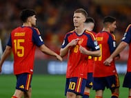 Soccer Football - FIFA World Cup - UEFA Qualifiers - Group E - Spain v Turkey - Estadio La Cartuja de Sevilla, Seville, Spain - November 18, 2025 Spain's Dani Olmo celebrates scoring their first goal REUTERS/Marcelo Del Pozo