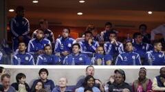 Members of Argentina&#039;s national soccer team, including Lionel Messi, third from left in front row, watch the first half of an NBA basketball game between the Washington Wizards and the Indiana Pacers, Wednesday, March 25, 2015, in Washington. (AP Photo/Alex Brandon)