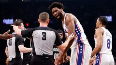 NEW YORK, NEW YORK - APRIL 20: Joel Embiid #21 of the Philadelphia 76ers reacts toward referee Nick Buchert #3 against the Brooklyn Nets during the first half of Game Three of the Eastern Conference First Round Playoffs at Barclays Center on April 20, 2023 in the Brooklyn borough of New York City.