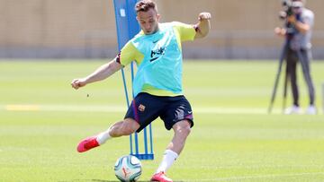 BARCELONA, SPAIN - MAY 23: Arthur Melo of FC Barcelona kicks the ball during a training session at Ciutat Esportiva Joan Gamper on May 23, 2020 in Barcelona, Spain. Spanish LaLiga clubs are back training in groups of up to 10 players following the LaLiga&