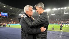 ROME, ITALY - MARCH 09: Jose Mourinho, Head Coach of AS Roma, interacts with Imanol Alguacil, Head Coach of Real Sociedad, prior to the UEFA Europa League round of 16 leg one match between AS Roma and Real Sociedad at Stadio Olimpico on March 09, 2023 in Rome, Italy. (Photo by Tullio Puglia - UEFA/UEFA via Getty Images)